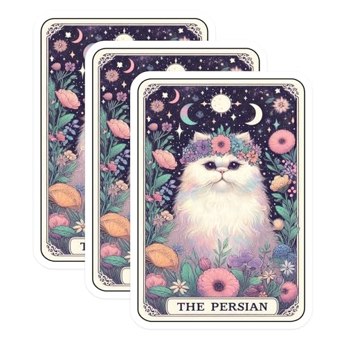 (3 Pack) Persian Cat Decals - Floral Crown - Cosmic Cat Laptop Decal - 3 Inches On Longest Side - Easy Peel & Apply - Made in USA - 3MCS4021