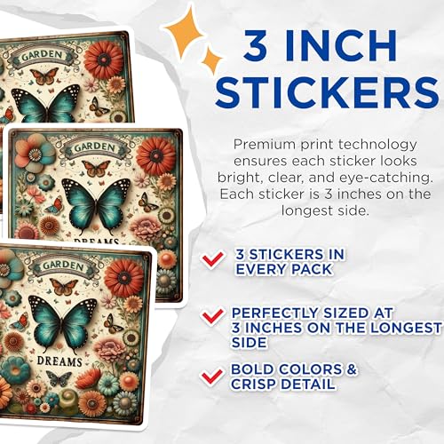 (3 Pack) Butterfly Decals - Garden Dreams - Floral Decals - 3 Inches On Longest Side - Easy Peel & Apply - Made in USA - 3MCS6019