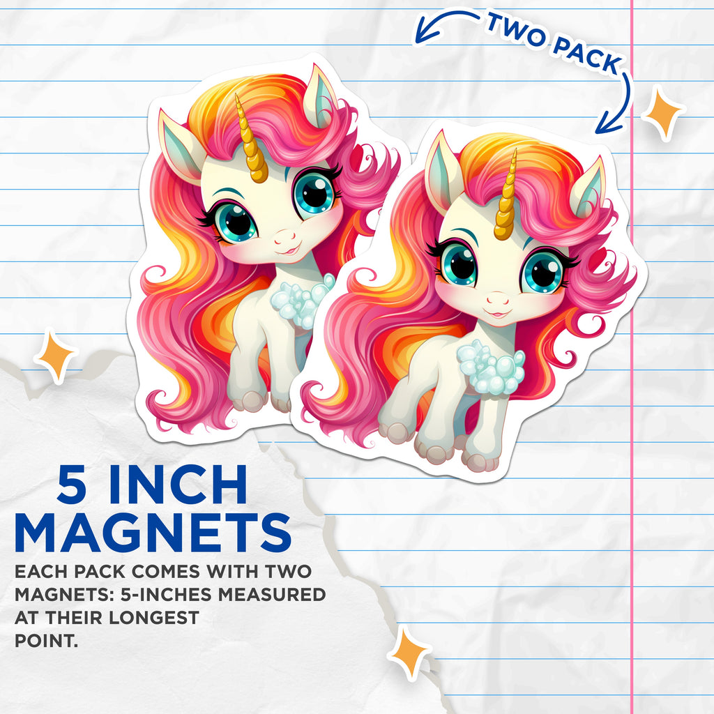 (2 Pack) Cute Unicorn Magnets - Magical Rainbow Mane Fridge Decor - Kids Room Locker Accessories - 5 Inches On Longest Side - Thick Durable Magnet - Made in USA - MAG38611