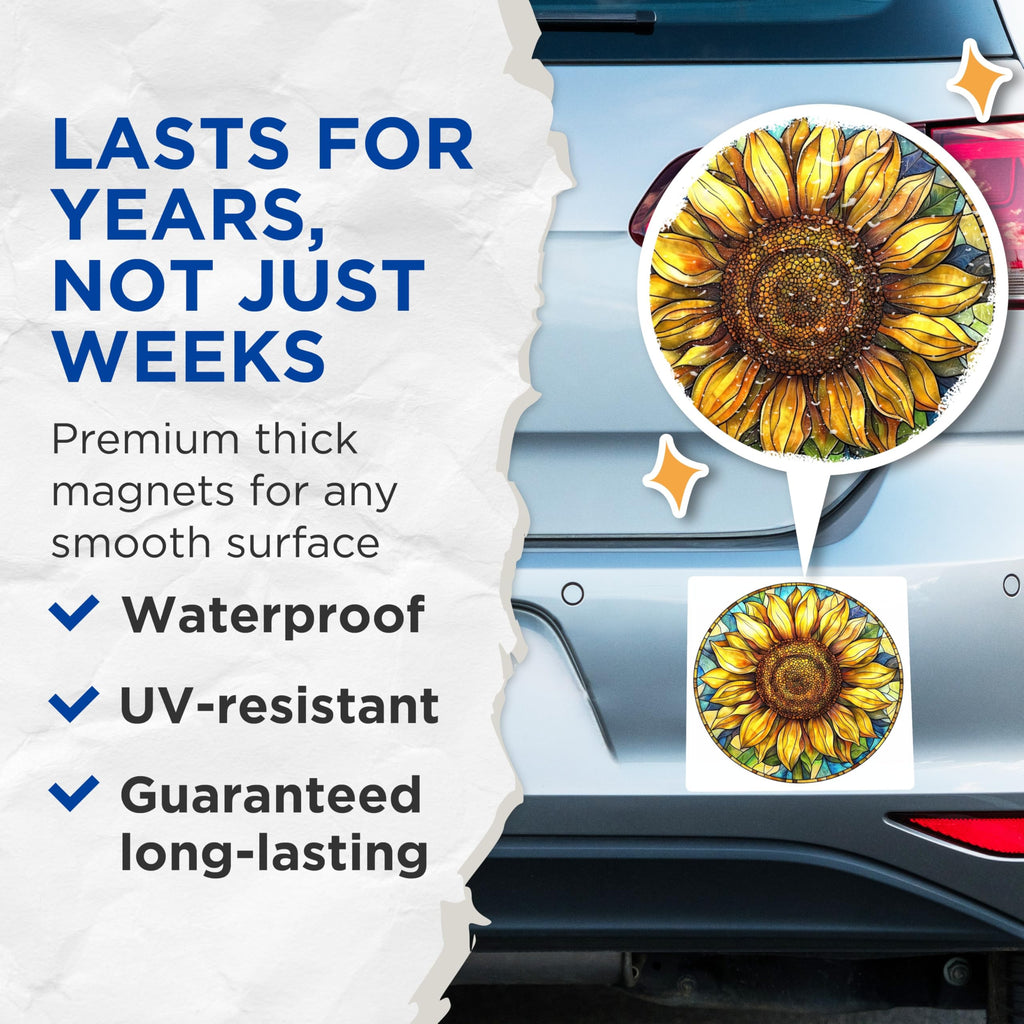 (2 Pack) Vibrant Stained Glass Sunflower Magnets - Artistic Floral Mandala Decor - Boho Kitchen Refrigerator Art - 5 Inches On Longest Side - Thick Durable Magnet - Made in USA - MAG23959