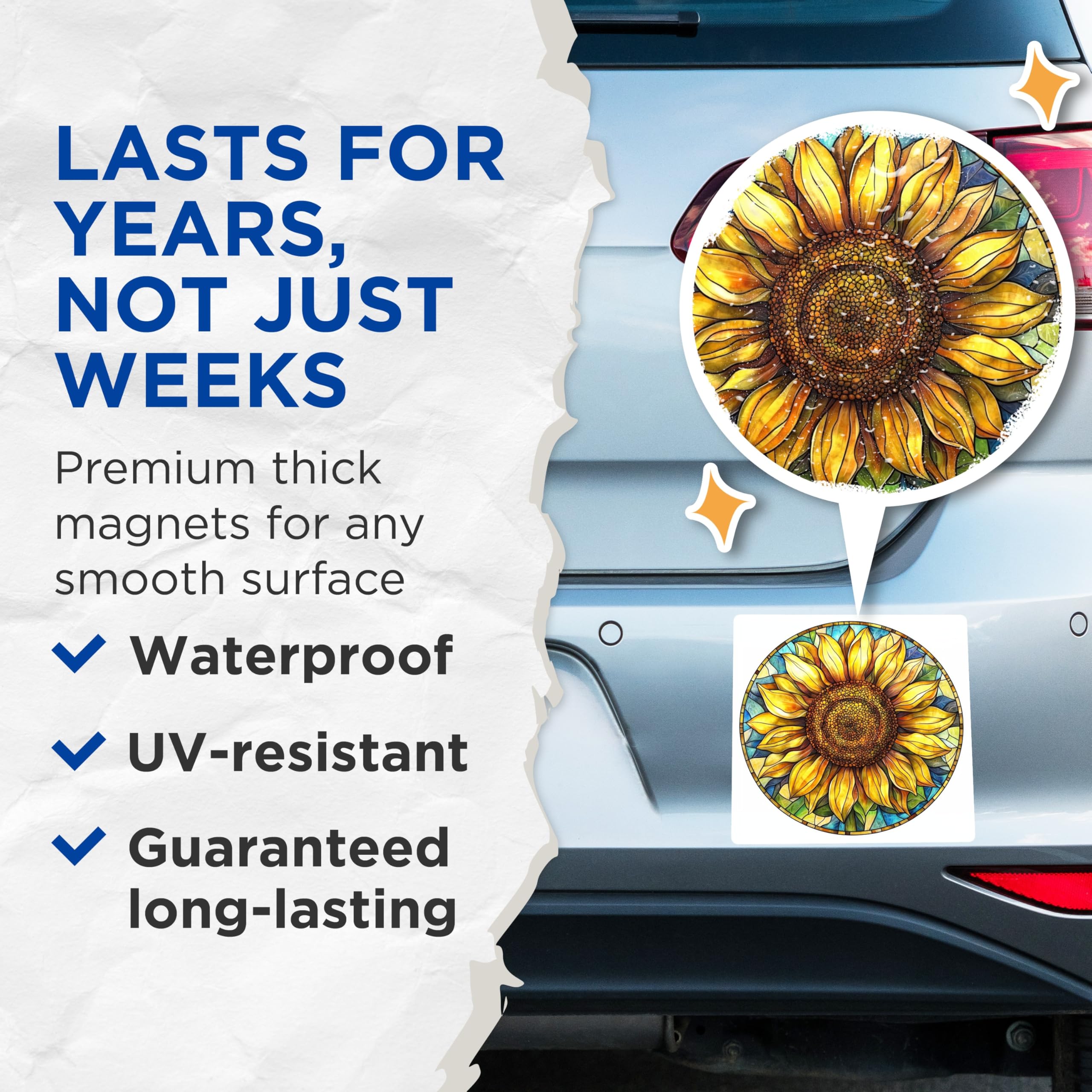 (2 Pack) Vibrant Stained Glass Sunflower Magnets - Artistic Floral Mandala Decor - Boho Kitchen Refrigerator Art - 5 Inches On Longest Side - Thick Durable Magnet - Made in USA - MAG23959