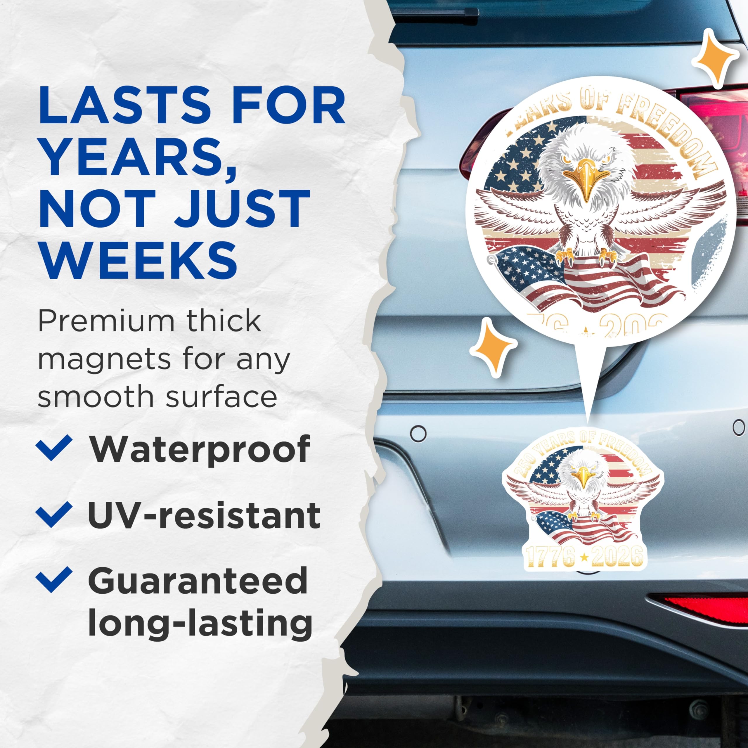 (2 Pack) 250 Years Freedom Magnets - Bald Eagle American Flag Decor - 1776-2026 Patriotic USA Commemoration - 5 Inches On Longest Side - Thick Durable Magnet - Made in USA - MAG21064
