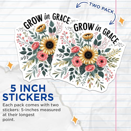(2 Pack) Grow in Grace Stickers - Inspirational Floral Stickers - Sunflower and Roses Stickers - 5" On Longest Side - Sticks to Smooth Flat Surfaces - Made in USA - BMCS4079