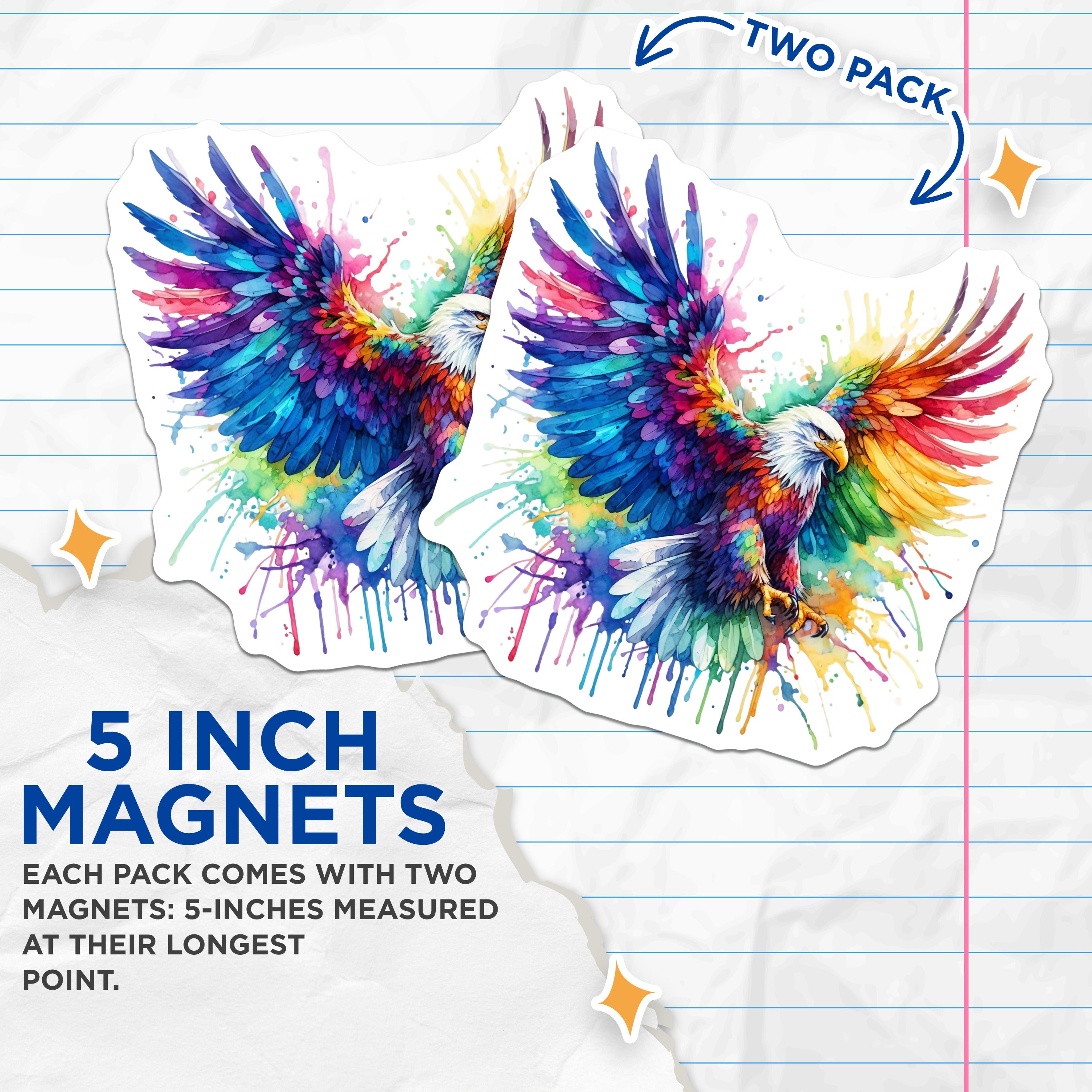 (2 Pack) Watercolor Eagle Magnets - Rainbow Bird Art - Freedom Symbol Decor - Fridge Locker Display - 5 Inches On Longest Side - Thick Durable Magnet - Made in USA - MAG37831