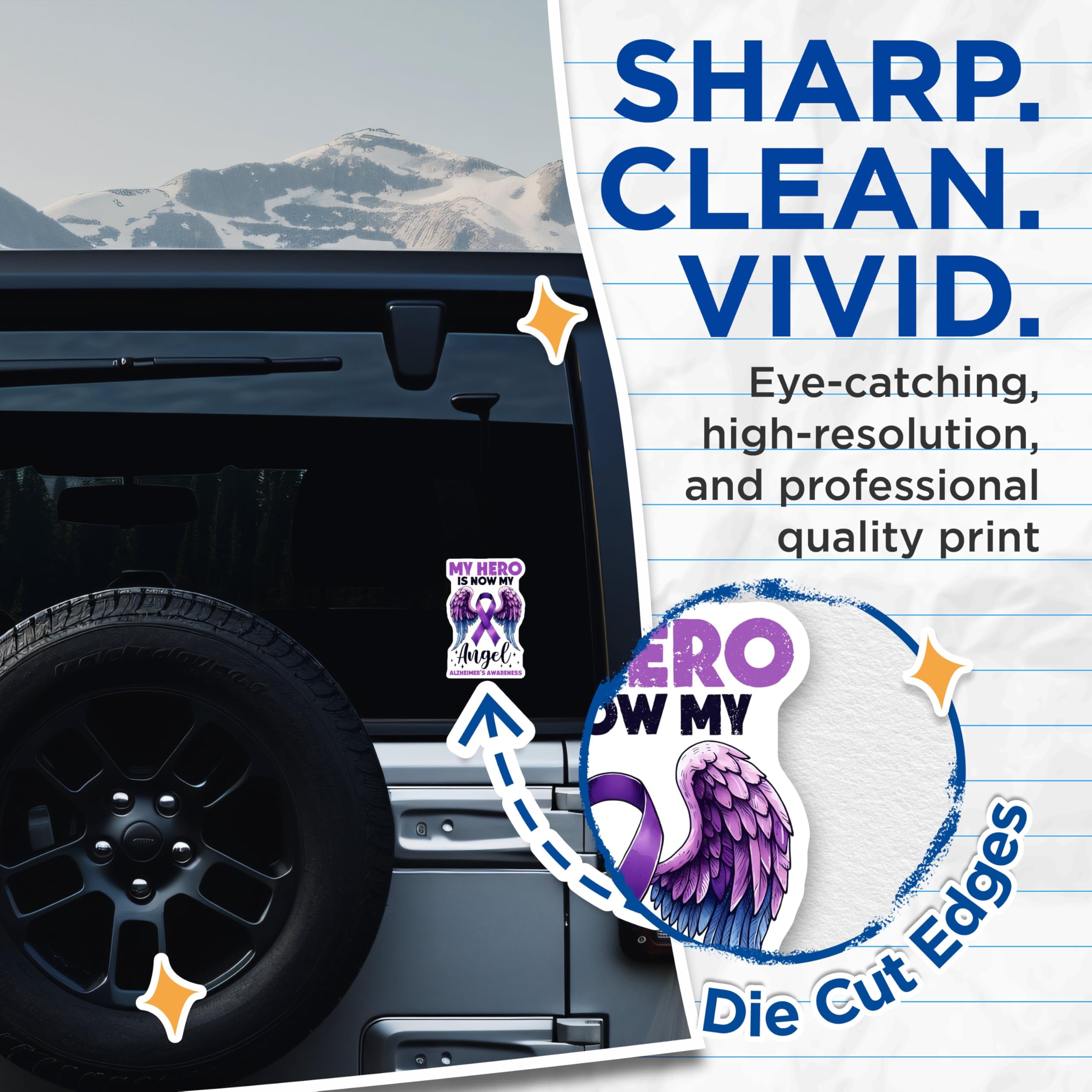 (2 Pack) My Hero is Now My Angel Stickers - Alzheimer's Awareness - Support and Remembrance Decals - 5" On Longest Side - Sticks to Smooth Flat Surfaces - Made in USA - BMCS9786