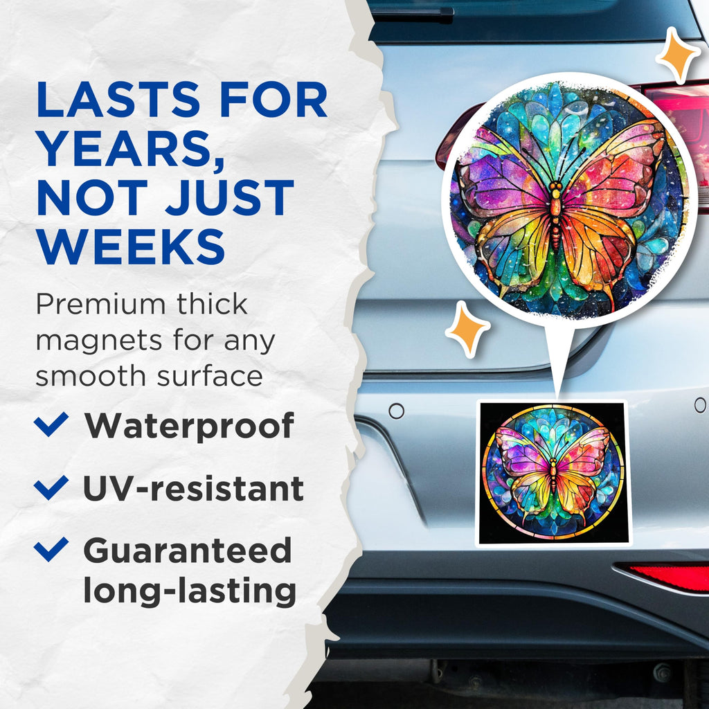 (2 Pack) Stained Glass Butterfly Magnets - Vibrant Mandala Art - Nature Inspired Decor - 5 Inches On Longest Side - Thick Durable Magnet - Made in USA - MAG28258