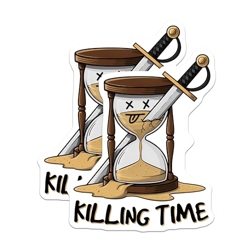 (2 Pack) Killing Time Stickers - Funny Hourglass - Unique Sarcastic Swords Design - 5" On Longest Side - Sticks to Smooth Flat Surfaces - Made in USA - BMCS7629