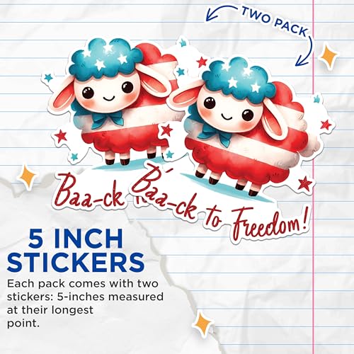 (2 Pack) Cute Patriotic Sheep Stickers - Red White Blue Sheep Stickers - Independence Day Sheep Stickers - 5" On Longest Side - Sticks to Any Smooth Flat Surface - Made in USA - BMCS2721