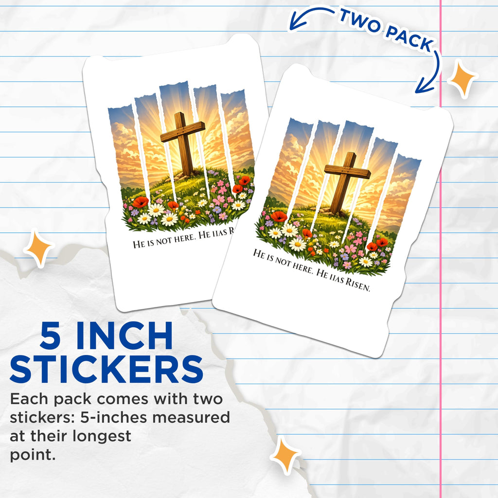 (2 Pack) Easter Resurrection Cross Stickers - He Has Risen Christian Decals - Religious Faith Celebration Art - 5" On Longest Side - Sticks to Smooth Flat Surfaces - Made in USA - BMCS21974