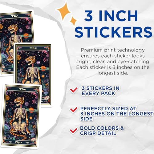 (3 Pack) Tiger Skeleton Decals - Tarot Card Stickers - Celestial Decal Art - 3 Inches On Longest Side - Easy Peel & Apply - Made in USA - 3MCS2414
