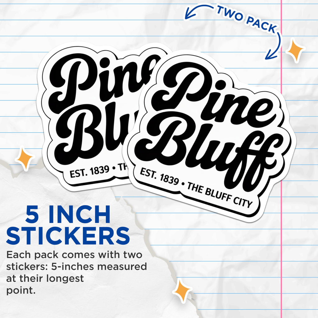 (2 Pack) Pine Bluff Stickers - Arkansas Hometown - The Bluff City Decals - 5" On Longest Side - Sticks to Smooth Flat Surfaces - Made in USA - BMCS18091
