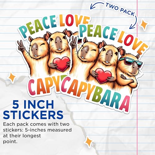 (2 Pack) Peace Love Capybara Stickers - Cute Animal Stickers - Adorable Capybara Art Stickers - 5" On Longest Side - Sticks to Any Smooth Flat Surface - Made in USA - BMCS2675