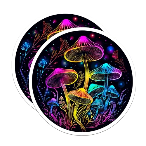 (2 Pack) Vibrant Neon Mushroom Stickers - Psychedelic Art - Colorful Fungi Sticker Pack - 5" On Longest Side - Sticks to Smooth Flat Surfaces - Made in USA - BMCS6786