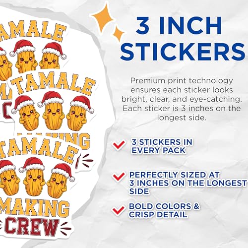 (3 Pack) Tamales Decals - Christmas Tamales - Tamale Making Crew Decal - 3 Inches On Longest Side - Easy Peel & Apply - Made in USA - 3MCS2359