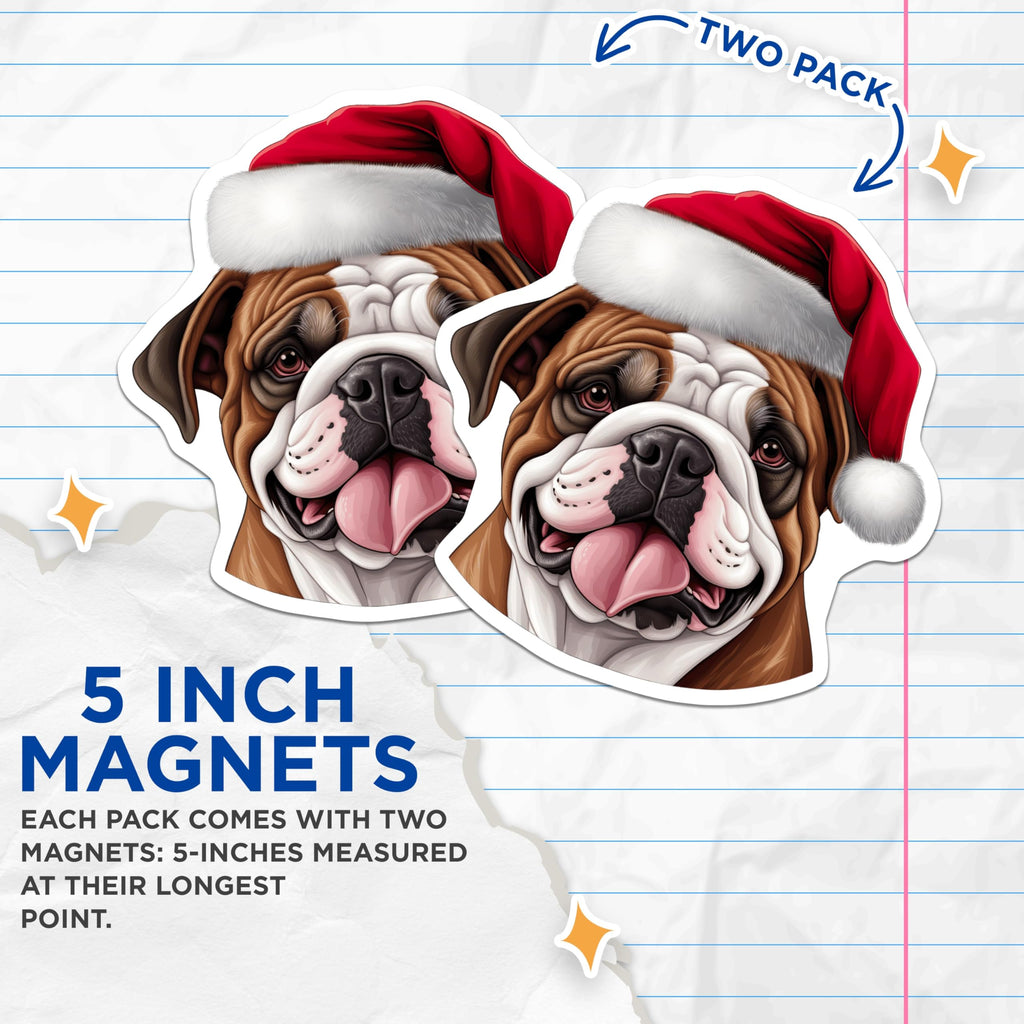 (2 Pack) Bulldog Santa Hat Magnets - Christmas Dog Lover Display - Holiday Kitchen Decor - 5 Inches On Longest Side - Thick Durable Magnet - Made in USA - MAG23425