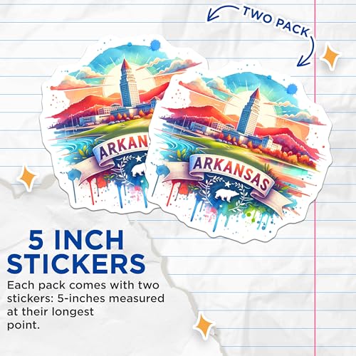(2 Pack) Arkansas Stickers - State Pride - Scenic Landscape Sticker - Travel Souvenir - Colorful State Art - 5" On Longest Side - Sticks to Smooth Flat Surfaces - Made in USA - BMCS6929