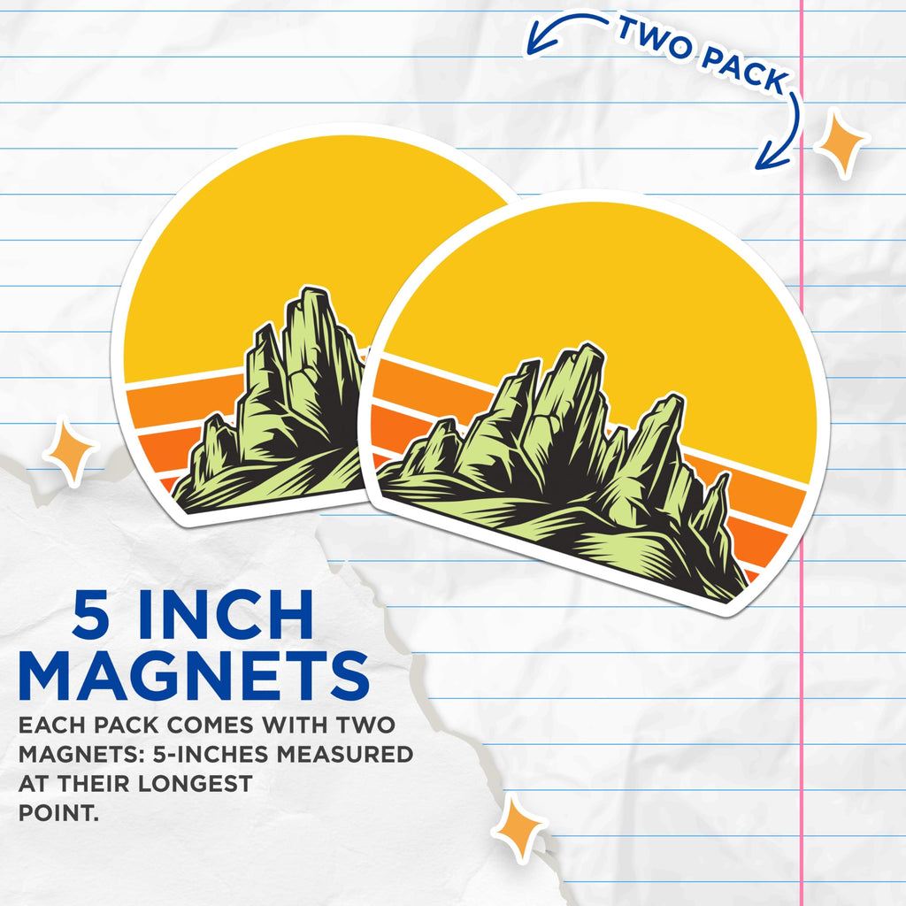 (2 Pack) Western Desert Mountain Magnets - Retro Sunset Landscape - Outdoor Adventure Vehicle Refrigerator Decor Accent - 5 Inches On Longest Side - Thick Durable Magnet - Made in USA - MAG22918