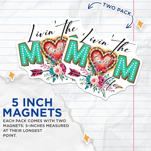 (2 Pack) Livin The Mom Life Magnets - Sweet Heart Florals - Mom Life Decor - 5" On Longest Side - for Cars, Fridges, Toolboxes - Made in USA - MAG7715