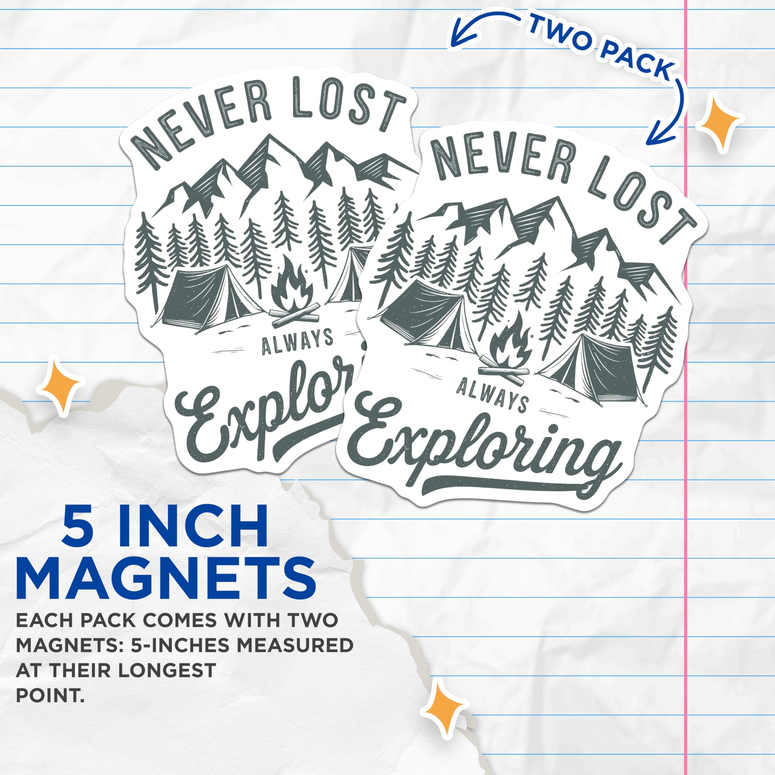 (2 Pack) Never Lost Magnets - Camping Explorer Art - Outdoorsy Wanderlust Fridge Decor - 5" On Longest Side - Premium Magnet - for Cars, Refrigerators, Toolboxes, Lockers - Made in USA - MAG17268