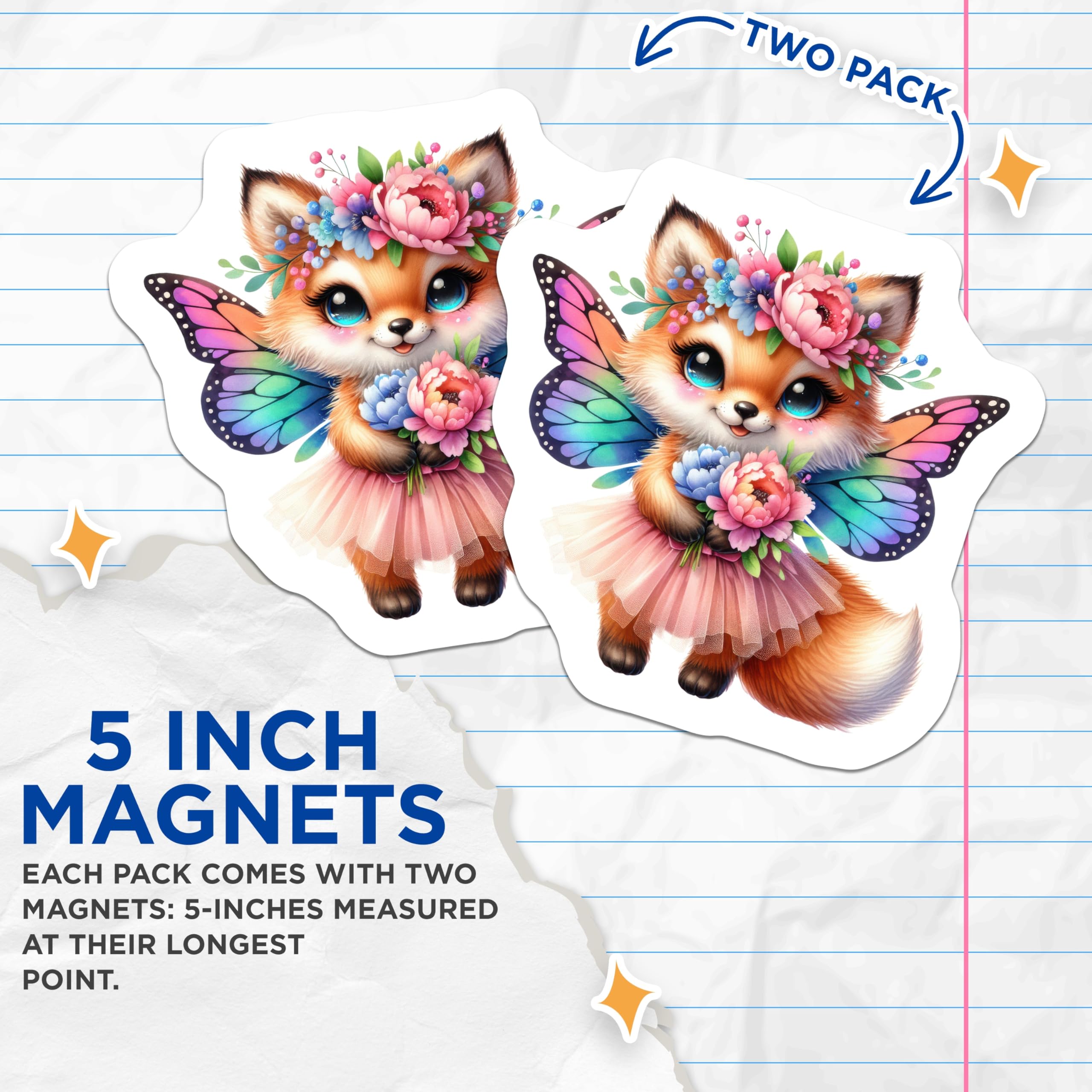 (2 Pack) Adorable Fox Fairy Magnets - Enchanting Woodland Creature Art - Sparkling Butterfly Wing Refrigerator Decor - 5 Inches On Longest Side - Thick Durable Magnet - Made in USA - MAG20988