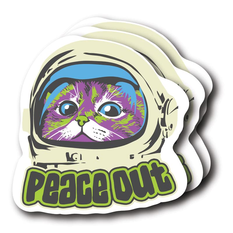 (3 Pack) Peace Out Space Cat Sticker - Cool Retro Cat Galaxy Space - 4" Funny Cool Cat Lover - Vinyl Decal Sticker - Made in USA - FBABMCS033