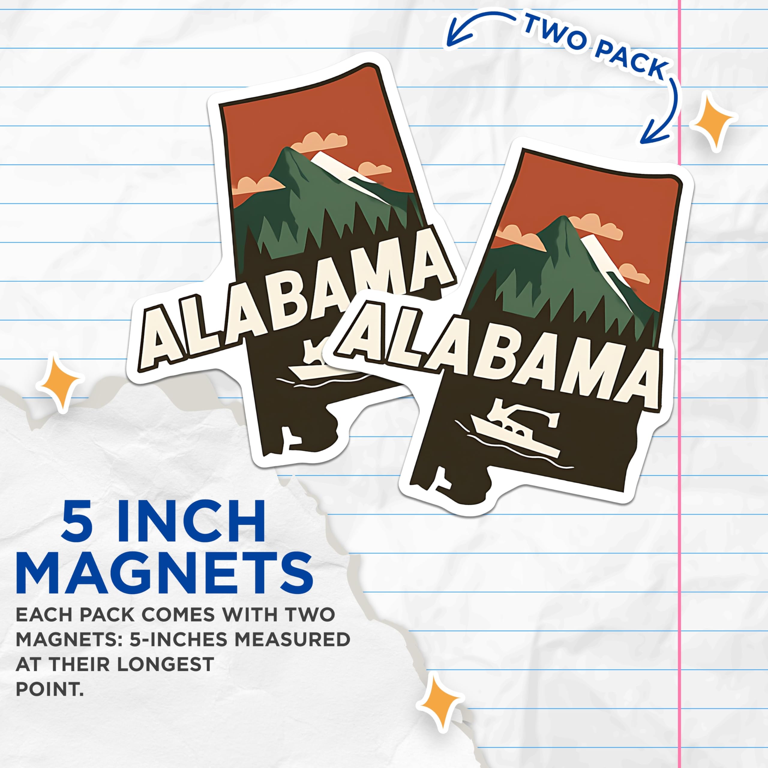 (2 Pack) Alabama Magnets - Souvenir - State Pride - Mountain and Boat Design - 5" On Longest Side - Premium Magnet - for Cars, Refrigerators, Toolboxes, Lockers - Made in USA - MAG18749
