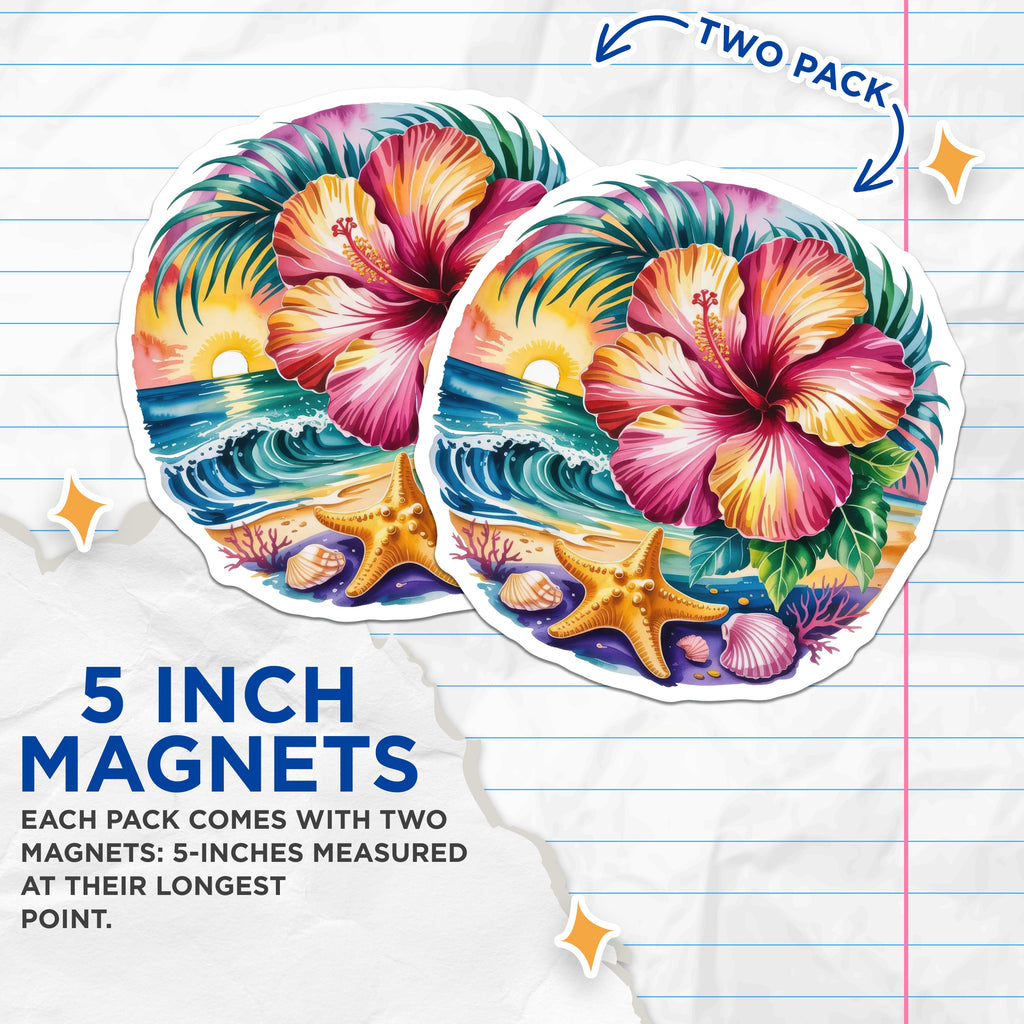 (2 Pack) Tropical Beach Sunset Magnets - Hawaiian Hibiscus Floral - Ocean Waves Coastal Decor - Sea Life Fridge Decor - 5" - Durable Magnet - Made in USA - MAG38630