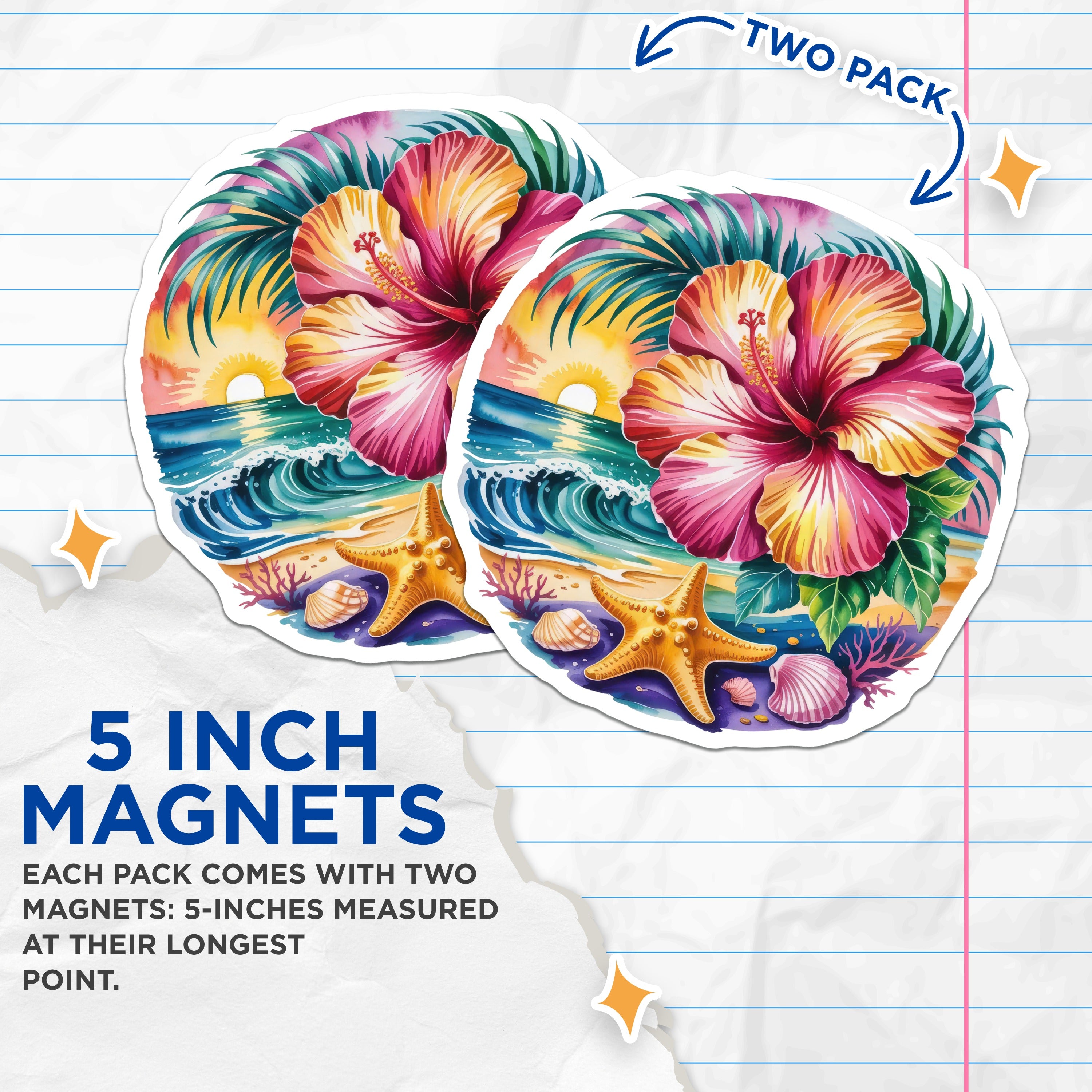 (2 Pack) Tropical Beach Sunset Magnets - Hawaiian Hibiscus Floral - Ocean Waves Coastal Decor - Sea Life Fridge Decor - 5" - Durable Magnet - Made in USA - MAG38630