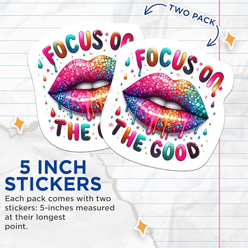 (2 Packs) Focus On The Good Stickers - Juicy Dripping Lips Inspirational Motivating Decals - 5 Inches On Longest Side - Premium Vinyl Decal - Sticks To Any Smooth Flat Surface - Made In USA - BMCS2298