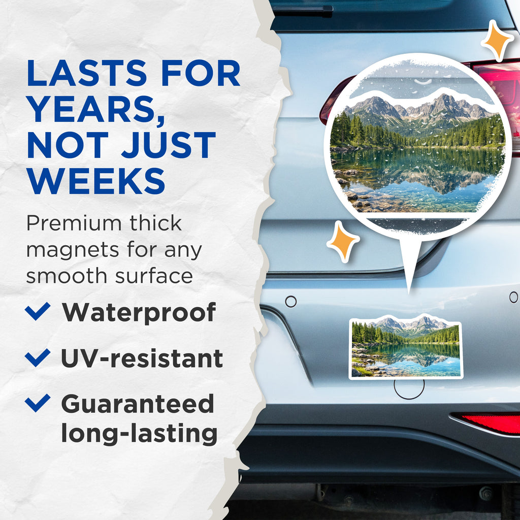 (2 Pack) Mountain Lake Scene Magnets - Forest Landscape View - Alpine Reflection Decor - 5 Inches On Longest Side - Thick Durable Magnet - Made in USA - MAG36132