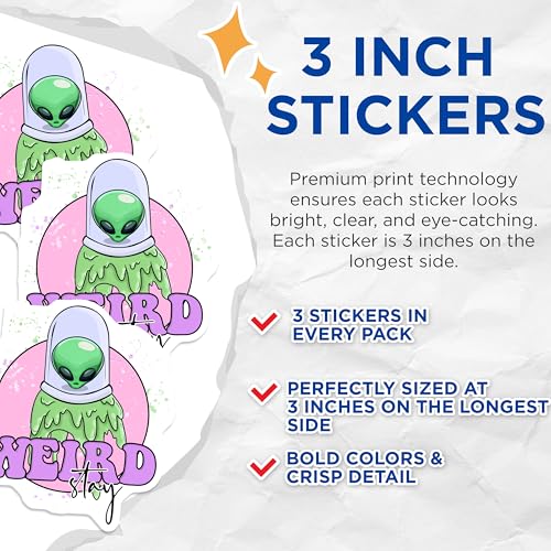 (3 Pack) Stay Weird Alien Decals - Extraterrestrial Art - Quirky Laptop Decor - 3 Inches On Longest Side - Easy Peel & Apply - Made in USA - 3MCS6528