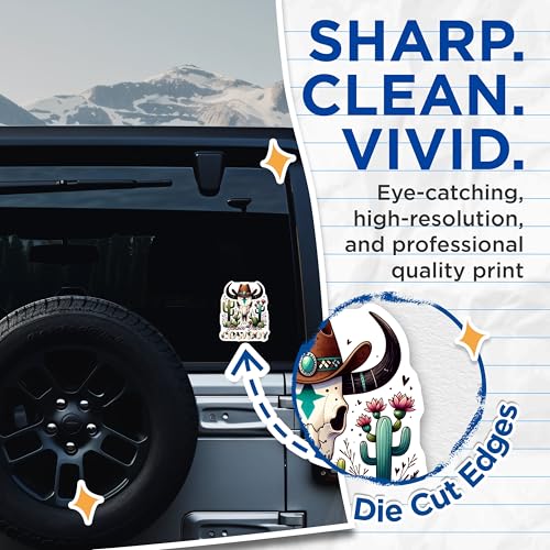 (2 Pack) Summer Down Cowboy Stickers - Western Skull Stickers - Cactus Cowboy Art Stickers - 5" On Longest Side - Sticks to Any Smooth Flat Surface - Made in USA - BMCS3145