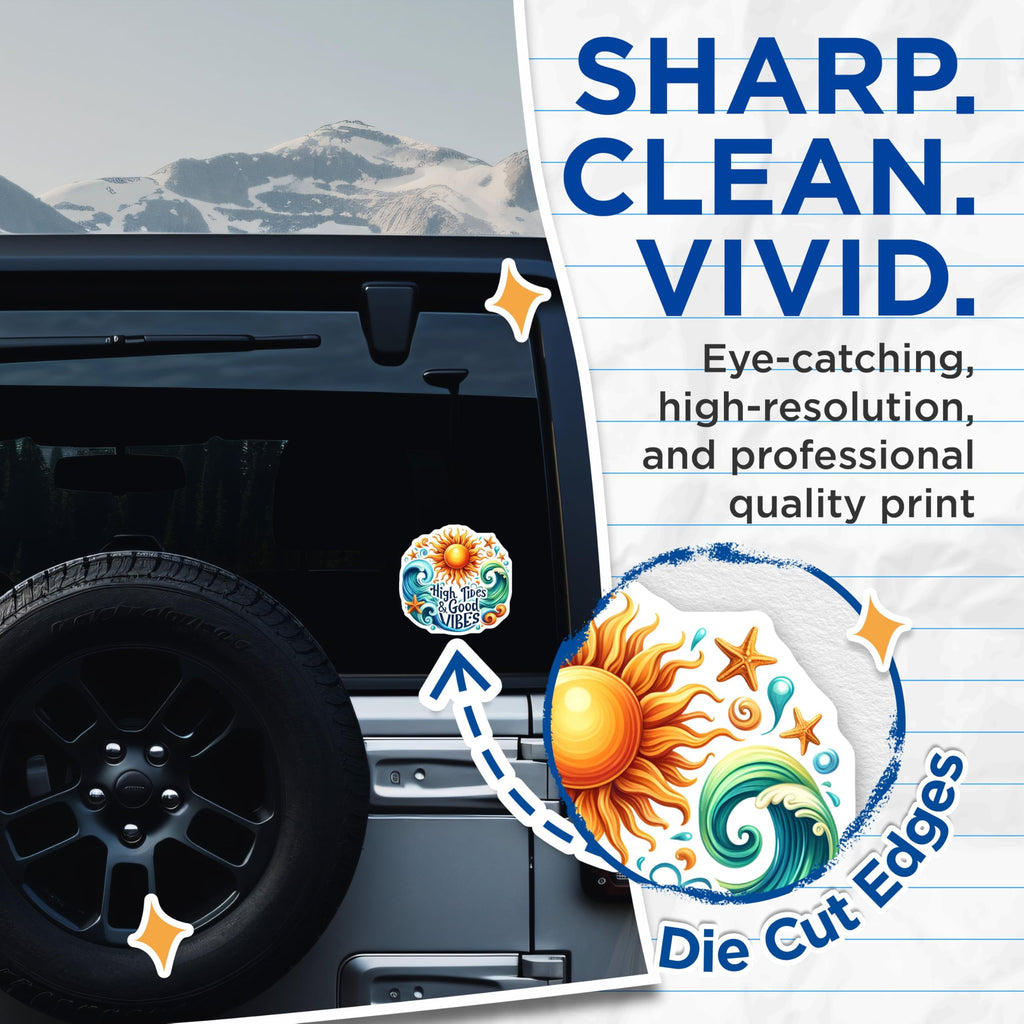 (2 Pack) High Tides and Good Vibes Stickers - Sun and Waves - Beach Theme - 5" On Longest Side - Sticks to Smooth Flat Surfaces - Made in USA - BMCS6250