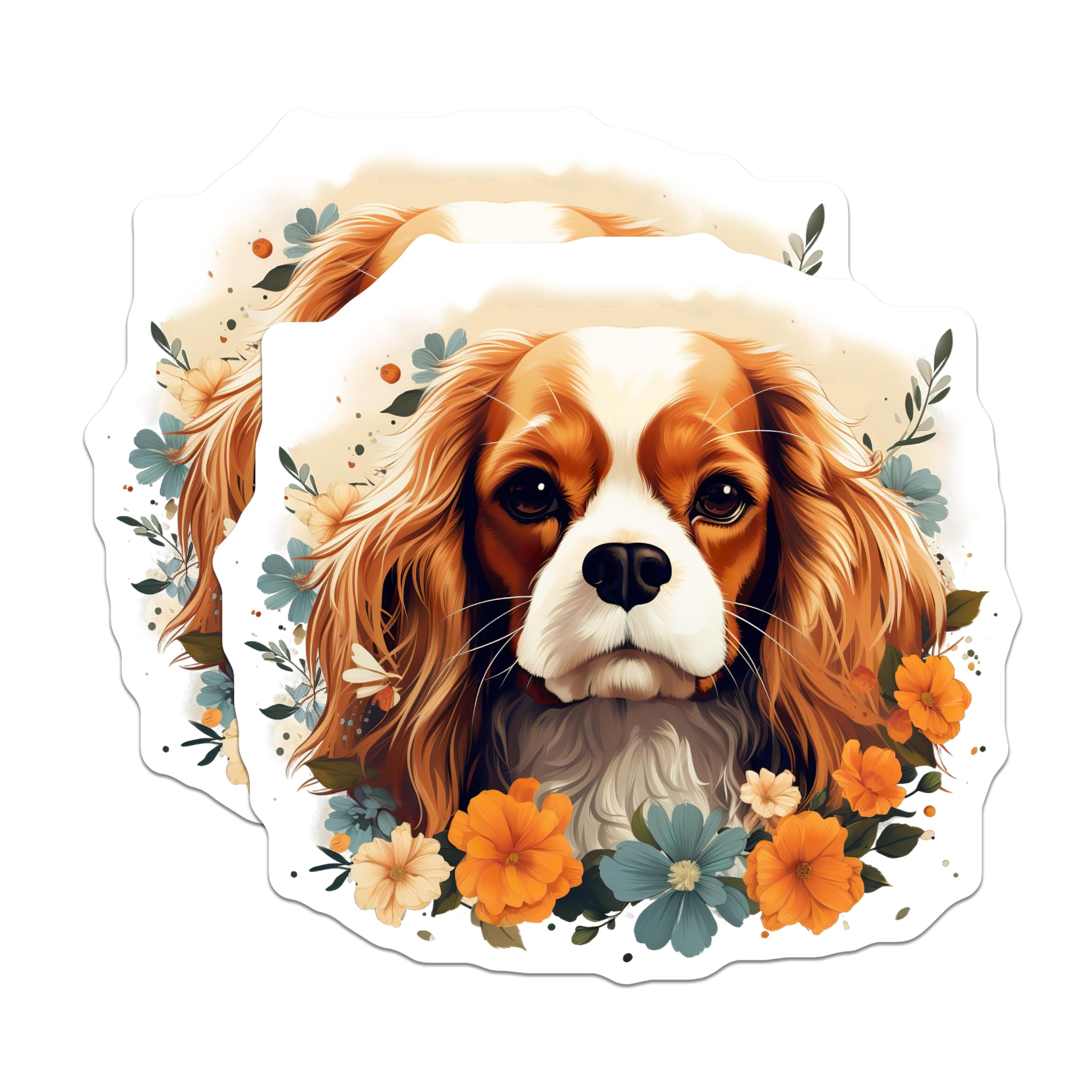 (2 Pack) Cavalier King Charles Spaniel Magnets - Blenheim Dog Portrait Decor - Floral Canine Art - Adorable Pet Lover Display - 5 Inches On Longest Side - Thick Durable Magnet - Made in USA - MAG24055