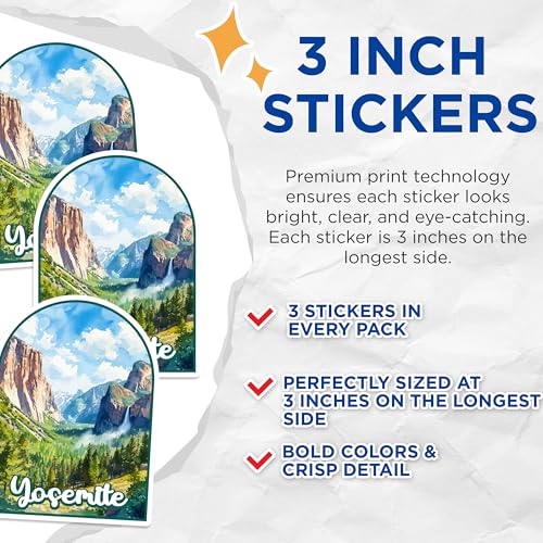 (3 Pack) Yosemite Decals - National Park Sticker - Laptop Decal - 3 Inches On Longest Side - Easy Peel & Apply - Made in USA - 3MCS0434