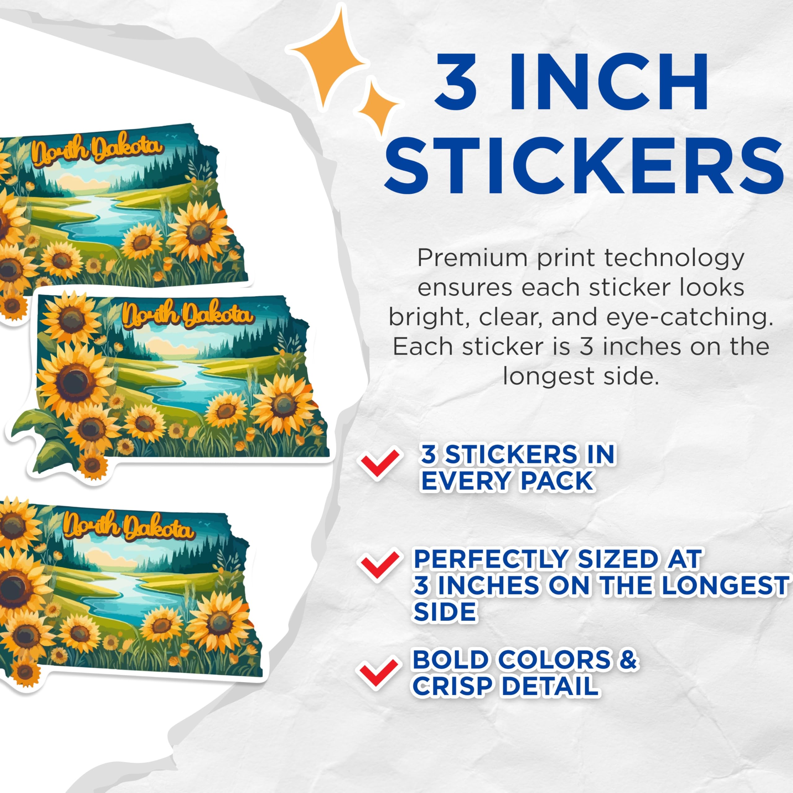 (3 Pack) North Dakota Decals - Sunflower ND Design - Laptop State Decal - 3 Inches On Longest Side - Easy Peel & Apply - Made in USA - 3MCS0156
