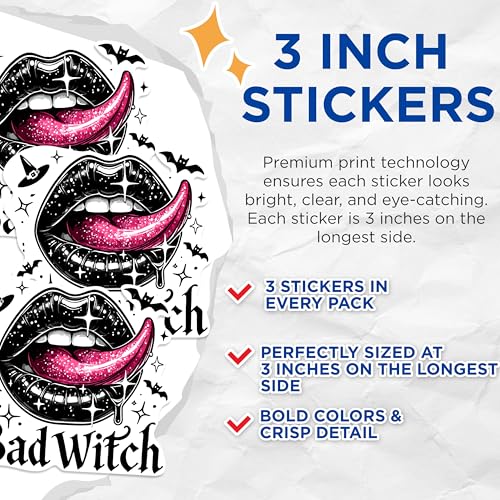 (3 Pack) Bad Witch Decals - Spooky Season Stickers - Halloween Laptop Decals - 3 Inches On Longest Side - Easy Peel & Apply - Made in USA - 3MCS0930