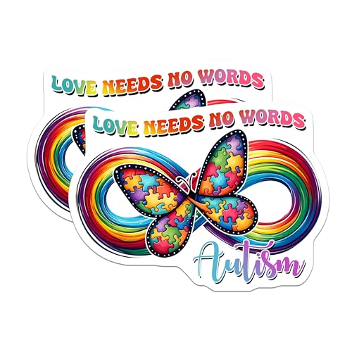 (2 Pack) Autism Awareness Stickers - Love Needs No Words Stickers - Puzzle Piece Butterfly Stickers - 5" On Longest Side - Sticks to Any Smooth Flat Surface - Made in USA - BMCS3209