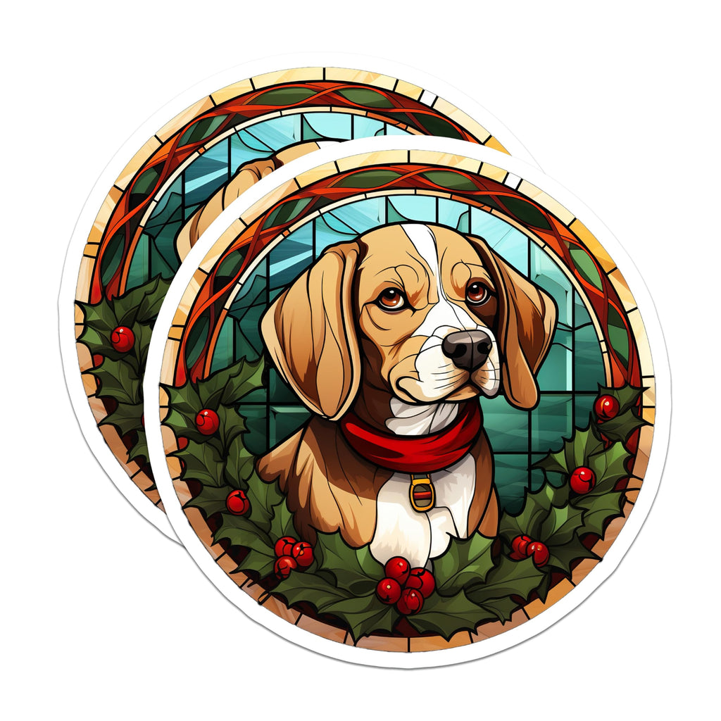 (2 Pack) Beagle Christmas Stained Glass Magnets - Holiday Dog Pet Decor - Dog Lover Winter Art - 5 Inches On Longest Side - Thick Durable Magnet - Made in USA - MAG30414