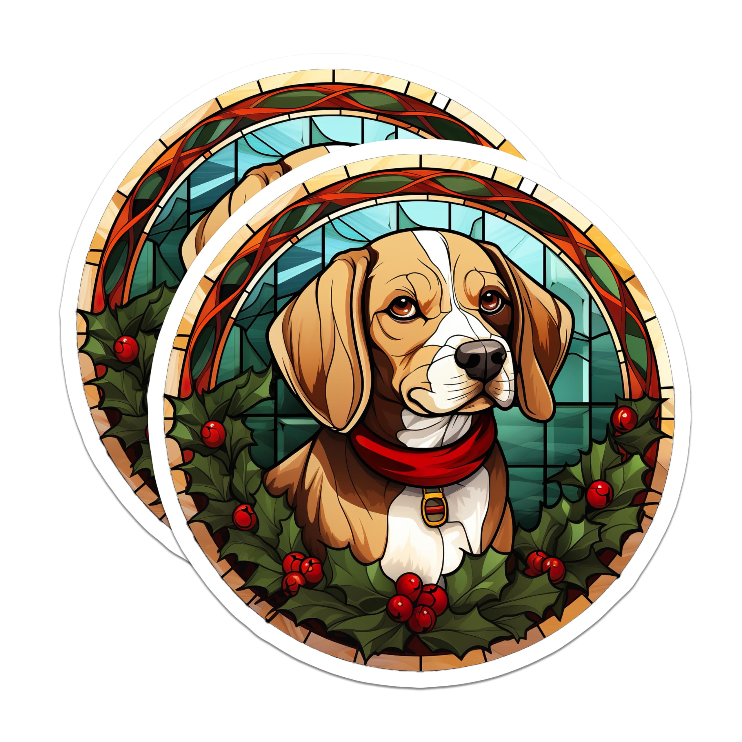 (2 Pack) Beagle Christmas Stained Glass Magnets - Holiday Dog Pet Decor - Dog Lover Winter Art - 5 Inches On Longest Side - Thick Durable Magnet - Made in USA - MAG30414
