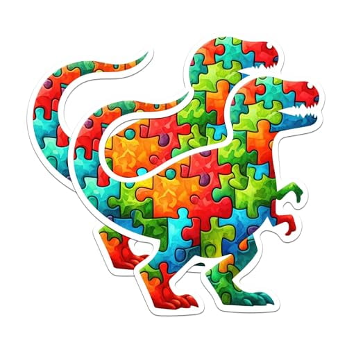 (2 Pack) Trex Dinosaur Autism Puzzle Magnets - Autism Awareness - 5" On Longest Side - Premium Magnet - for Cars, Refrigerators, Toolboxes, Lockers - Made in USA - MAG1706