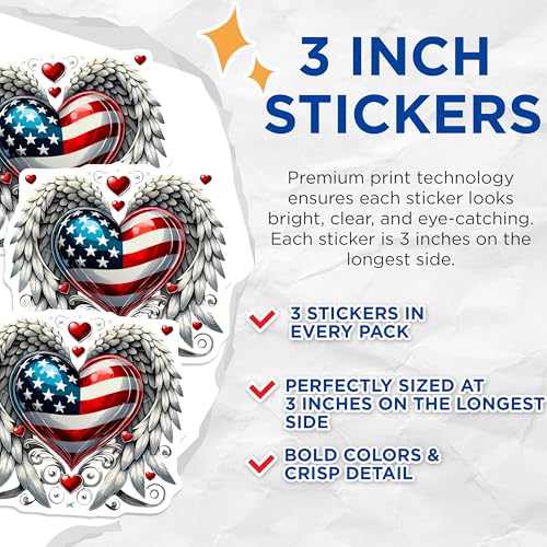 (3 Pack) American Heart Decals - Winged Heart Decal - Patriotic Decal - 3 Inches On Longest Side - Easy Peel & Apply - Made in USA - 3MCS8724
