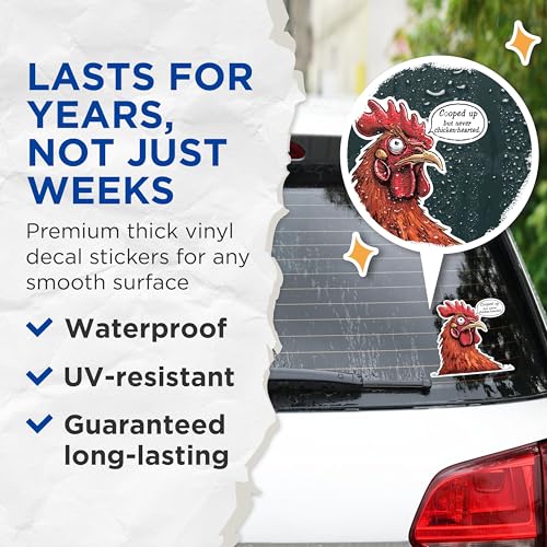 (2 Pack) Funny Chicken Stickers - Cartoon Chicken Stickers - Cooped Up Chicken Stickers - 5" On Longest Side - Sticks to Any Smooth Flat Surface - Made in USA - BMCS2606