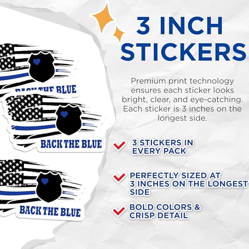 (3 Pack) Back The Blue Decals - Thin Blue Line - Police Support - Laptop Decal - 3 Inches On Longest Side - Easy Peel & Apply - Made in USA - 3MCS1310