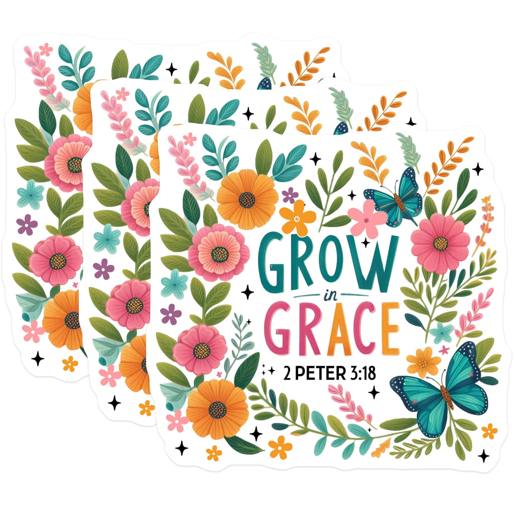 (3 Pack) Grow in Grace Decals - Floral Butterfly - 2 Peter 3 18 Scripture Verse - 3 Inches On Longest Side - Easy Peel & Apply - Made in USA - 3MCS0078