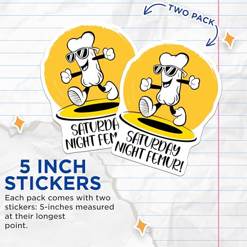 (2 Pack) Saturday Night Femur Stickers - Funny Bone Dance - Cool Cartoon Skeleton - 5" On Longest Side - Sticks to Smooth Flat Surfaces - Made in USA - BMCS7640