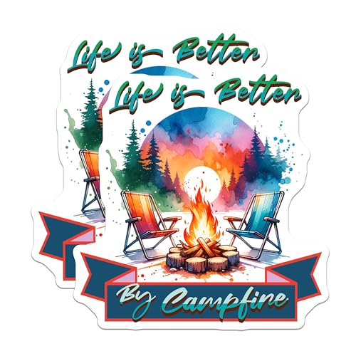 (2 Pack) Life is Better by Campfire Stickers - Camping Stickers - Outdoor Adventure Stickers - 5" On Longest Side - Sticks to Smooth Flat Surfaces - Made in USA - BMCS6812