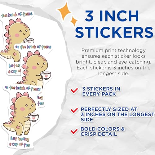 (3 Pack) Dinosaur Tea Decals - Cute Dino Art - Laptop Decals - 3 Inches On Longest Side - Easy Peel & Apply - Made in USA - 3MCS2082