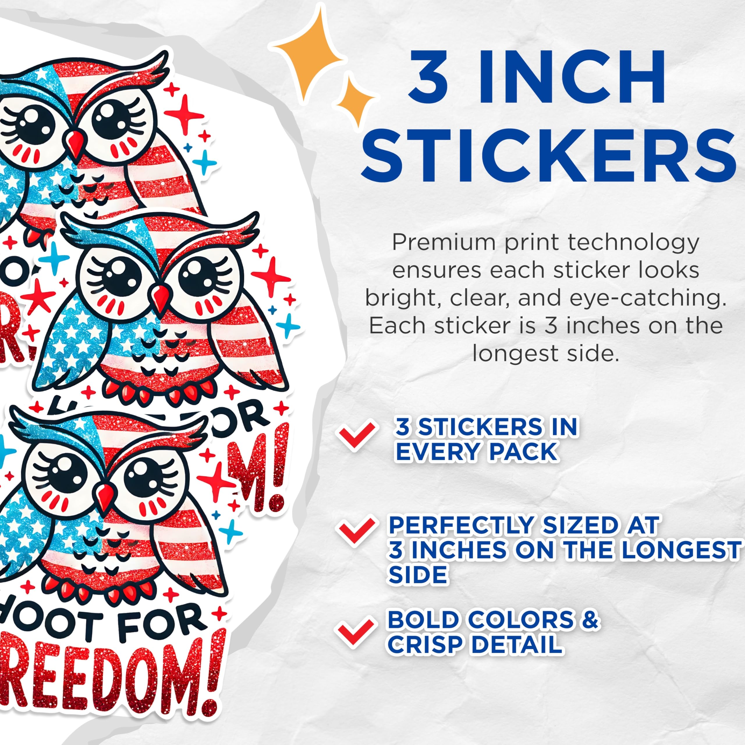(3 Pack) Patriotic Owl Decals - American Flag - Hoot for Freedom Decal - 3 Inches On Longest Side - Easy Peel & Apply - Made in USA - 3MCS1537