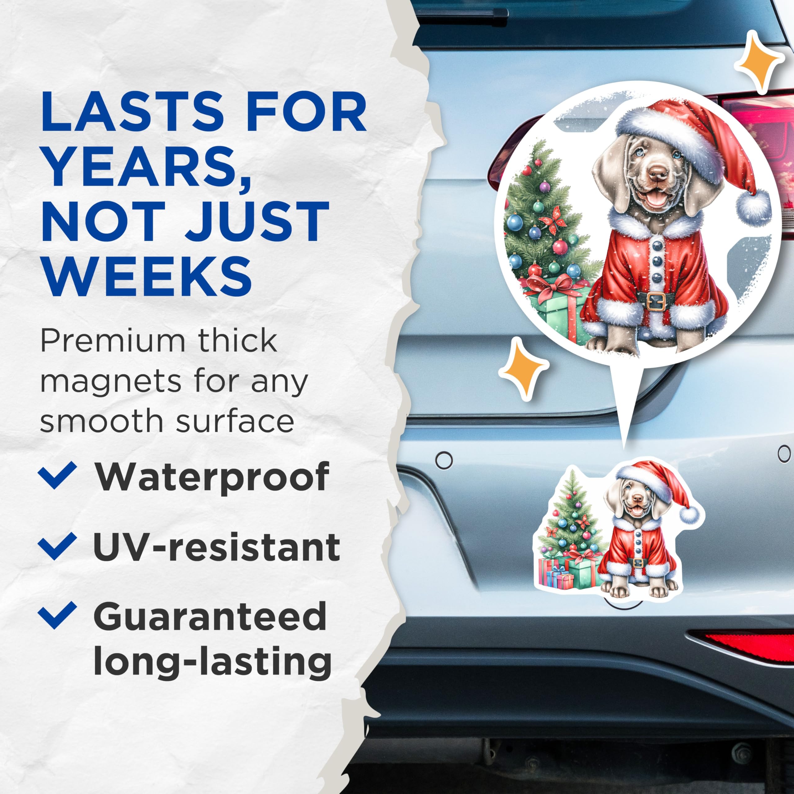 (2 Pack) Christmas Puppy Magnets - Santa Dog Refrigerator - Holiday Decor Pet Lover - 5 Inches On Longest Side - Thick Durable Magnet - Made in USA - MAG27244